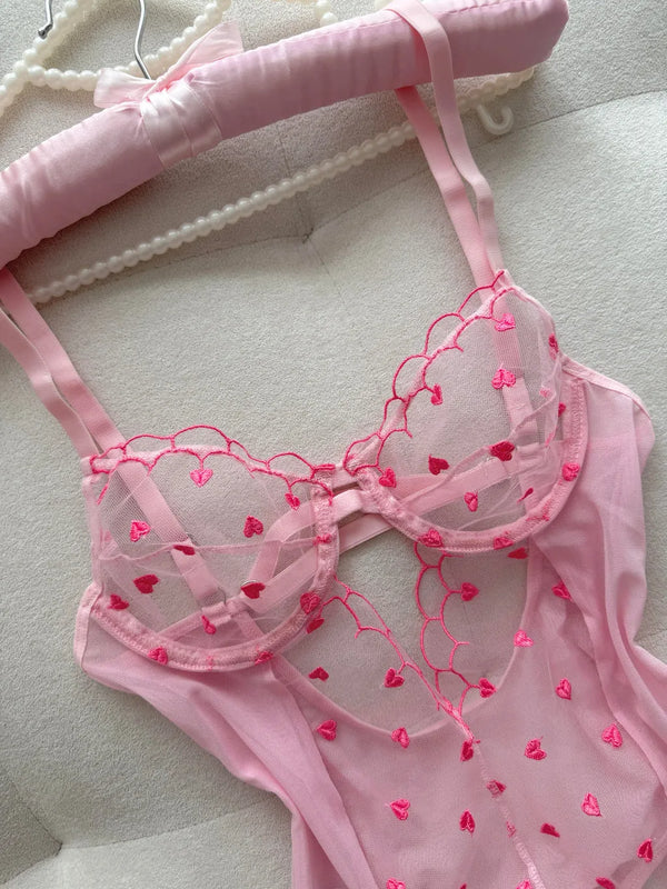 Mağazam Pembe Transparan Kalp Desenli Bodysuit