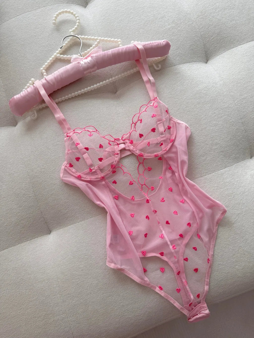 Mağazam Pembe Transparan Kalp Desenli Bodysuit