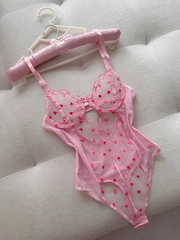 Mağazam Pembe Transparan Kalp Desenli Bodysuit